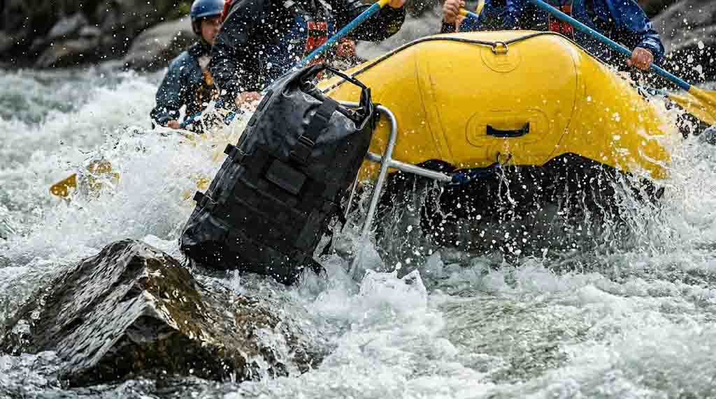 A heavy-duty OEM dry bag surviving extreme water pressure and rock abrasion during a Class V white-water rafting capsize.